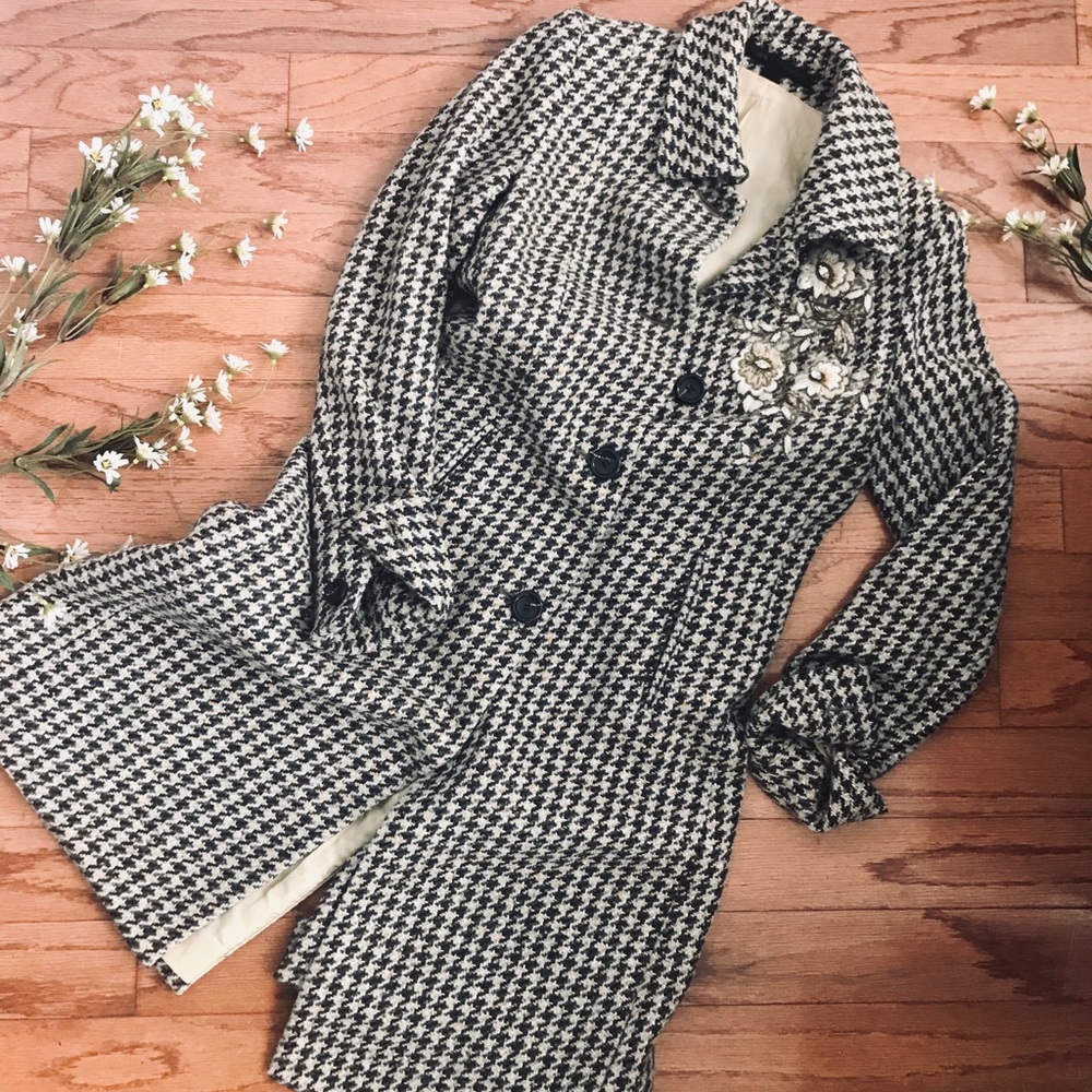 Houndstooth Embellished Pea Coat